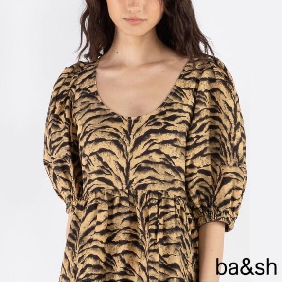 BA&SH **NWT** Zola Puff-sleeve Linen-blend Tiger Print Mini Dress - Picture 3 of 14